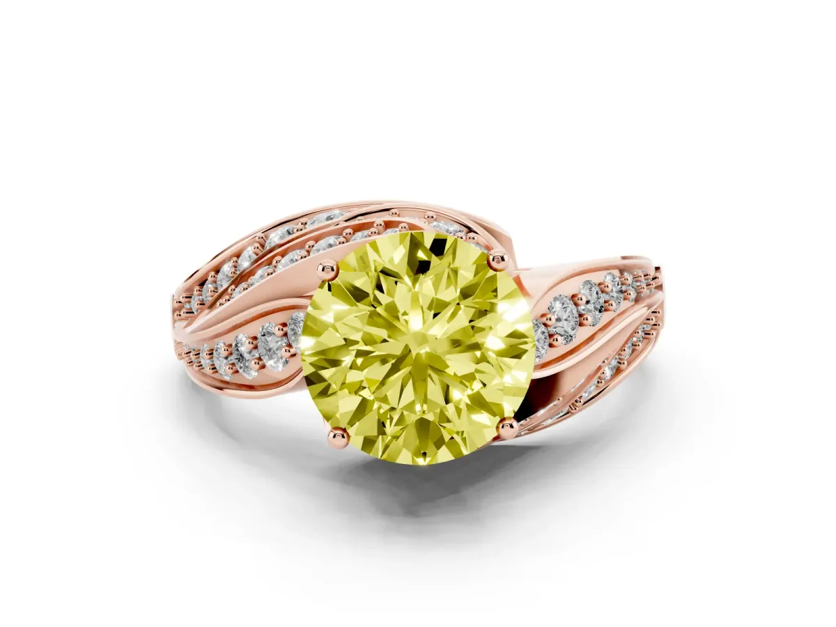 Fancy Yellow Round Cut Diamond Solitaire Ring with Prong Setting and Twisted Pavé Band Rose gold