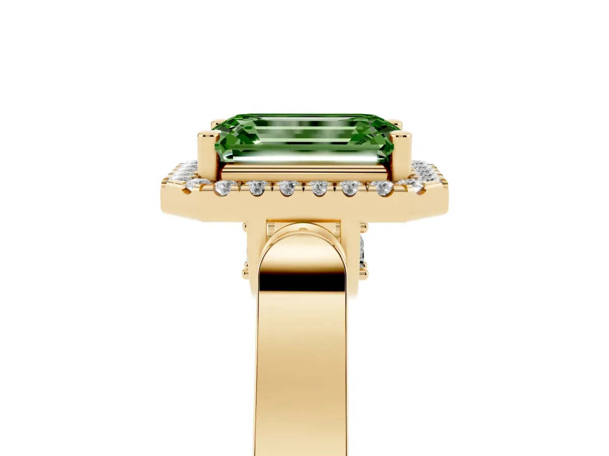 Fancy Green Emerald Cut Halo Pave Split Shank Prong Setting Ring Yellow gold