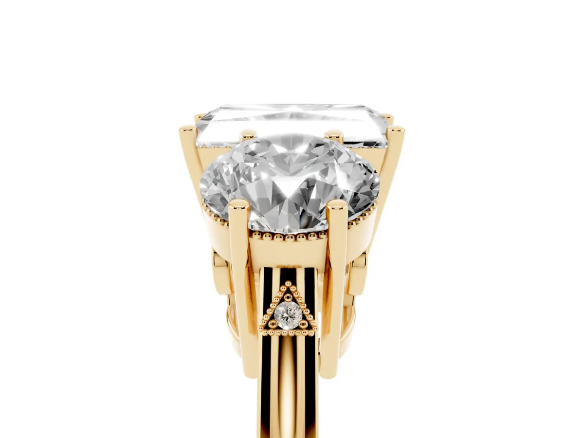 Three-Stone Radiant Cut Diamond Engagement Ring with Prong Setting on a Classic Band Yellow gold