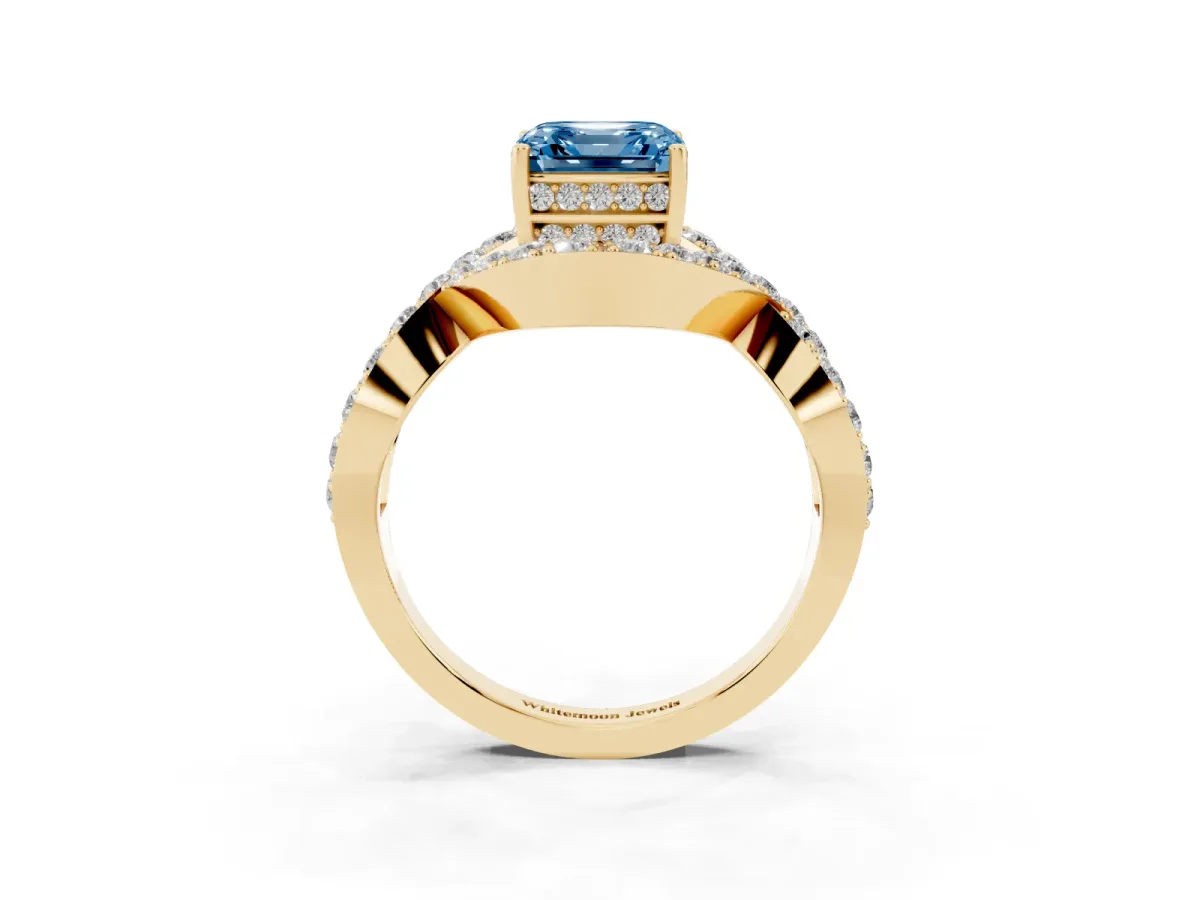 Fancy Blue Asscher Cut Solitaire Twist Band Pavé Diamond Engagement Ring Yellow gold