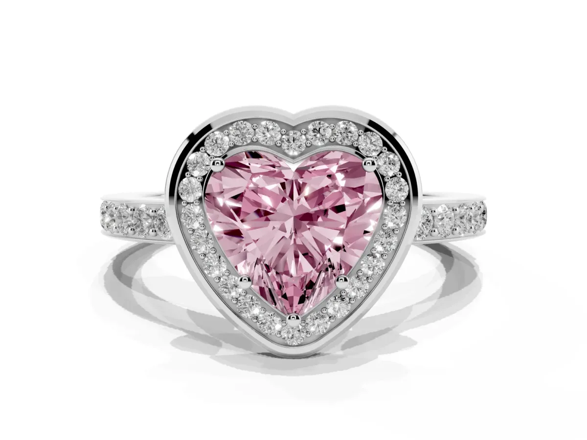 Fancy Pink Heart Cut Diamond Halo Ring with Bezel Frame and Pavé Band Silver