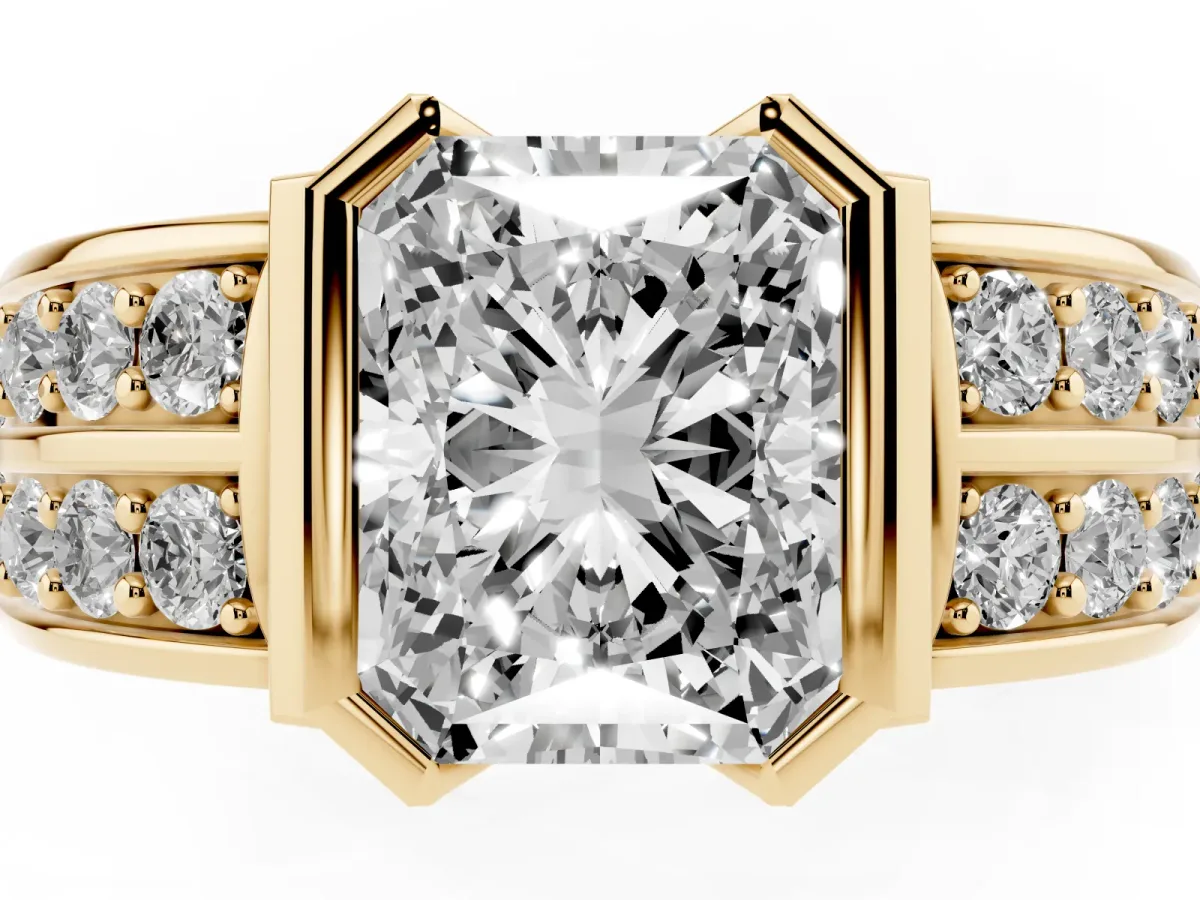 Radiant Cut Brilliant Diamond Channel Set Wide Band Ring with Bezel Setting Yellow gold
