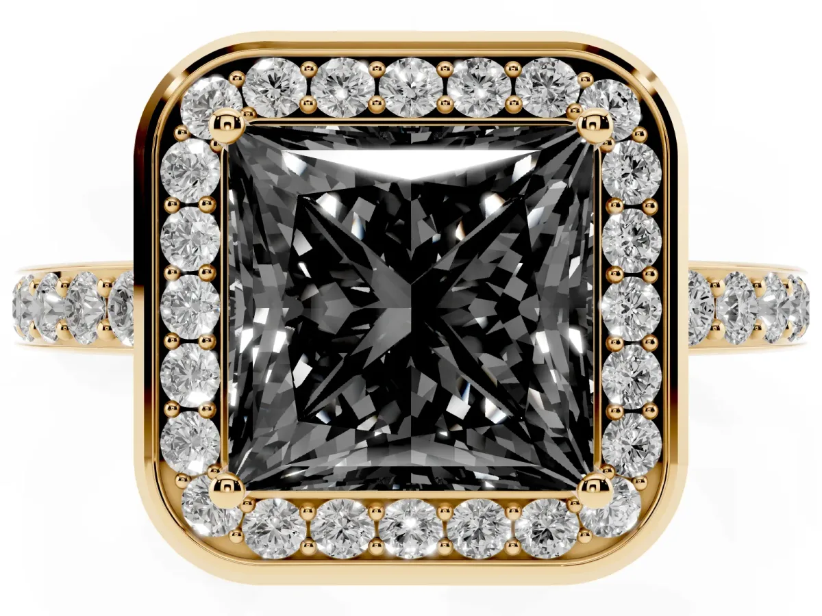 Fancy Black Princess Cut Diamond Halo Ring with Bezel Frame and Pavé Band Yellow gold