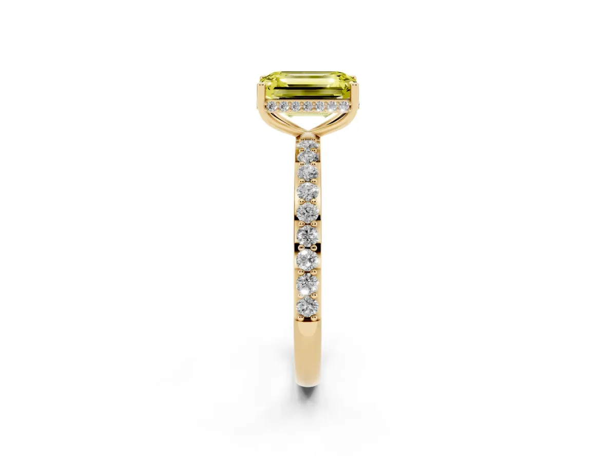 Fancy Yellow Emerald Cut Diamond Solitaire Ring with Pavé Band and Hidden Halo Yellow gold