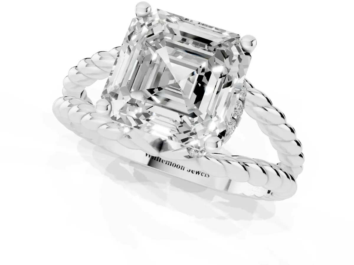 Asscher Cut Halo Twisted Band Four-Prong Ring Silver