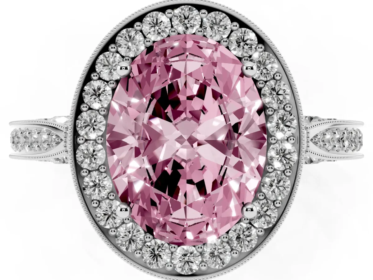 Fancy Pink Oval Cut Halo Diamond Engagement Ring with Split Shank Band and Four-Prong Setting Silver