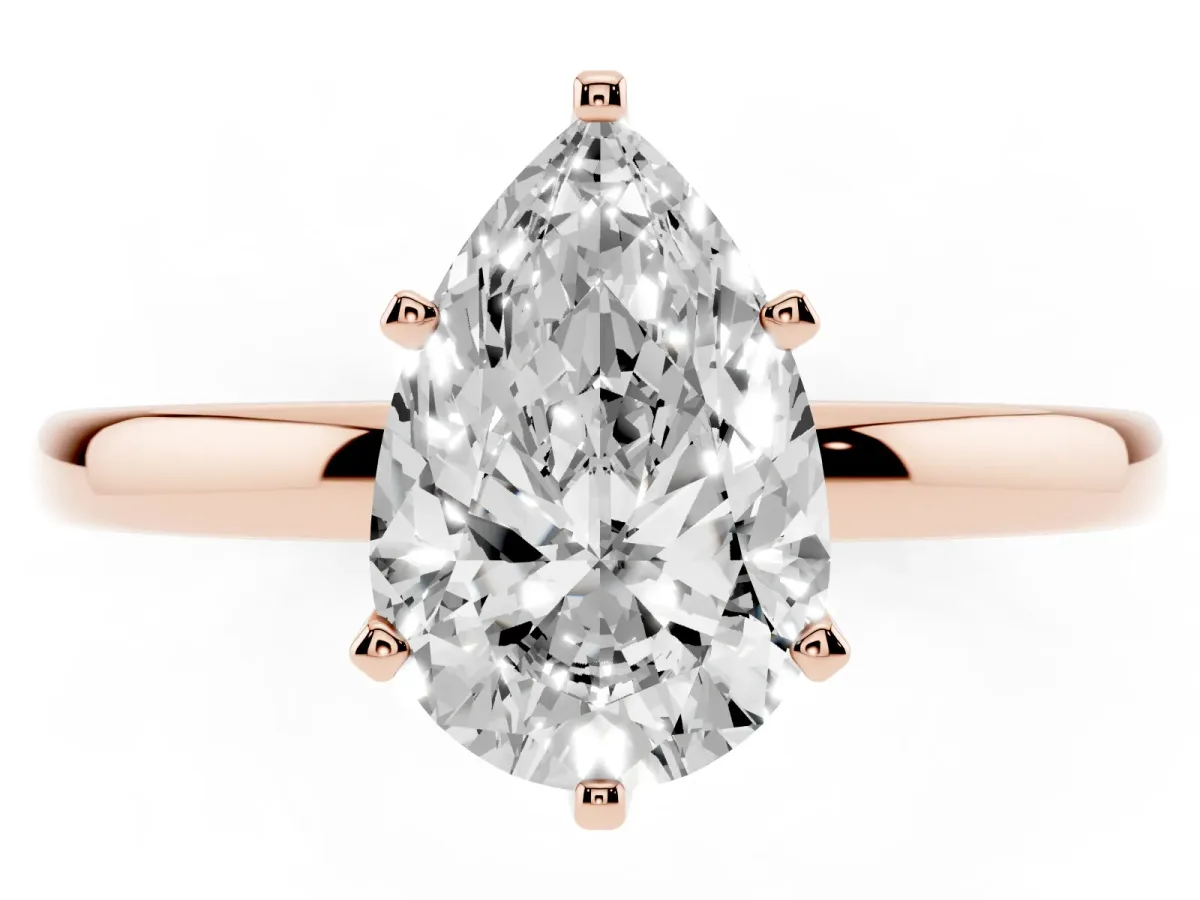 Pear Cut Solitaire Diamond Ring with Six-Prong Setting on a Classic Band Rose gold