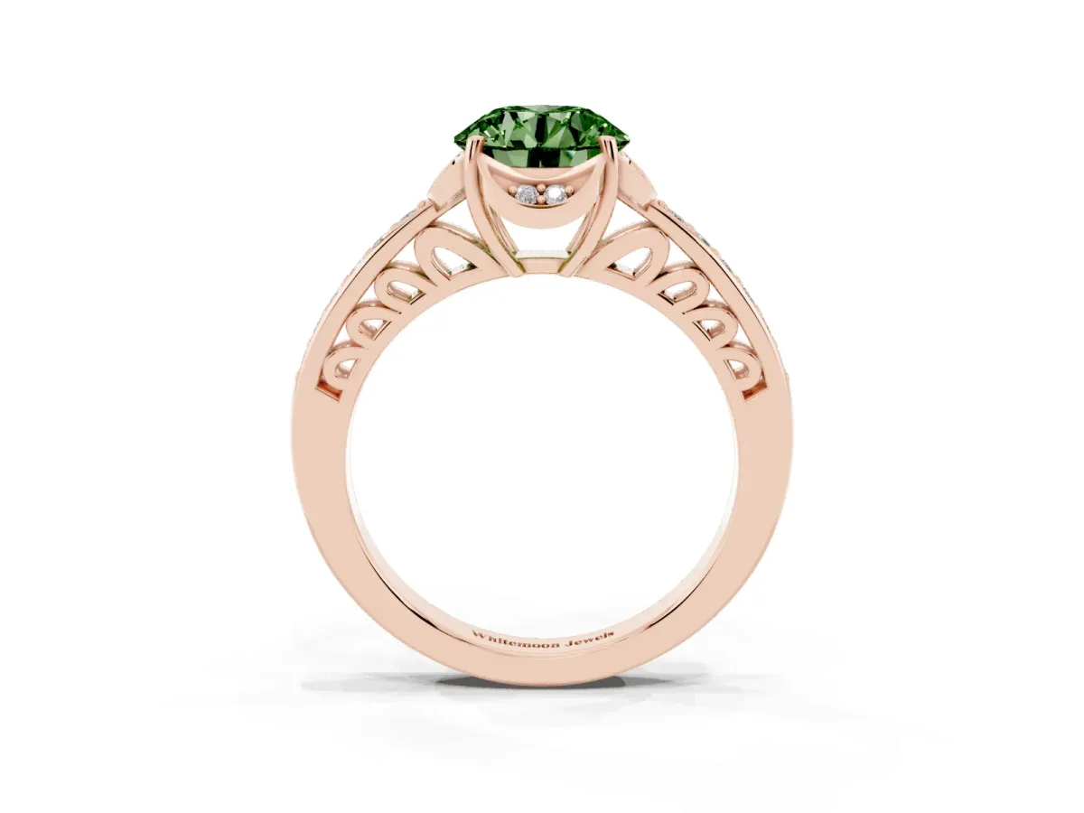 Fancy Green Round Cut Cut Halo Diamond Ring with Channel Set Band and Four-Prong Setting Rose gold