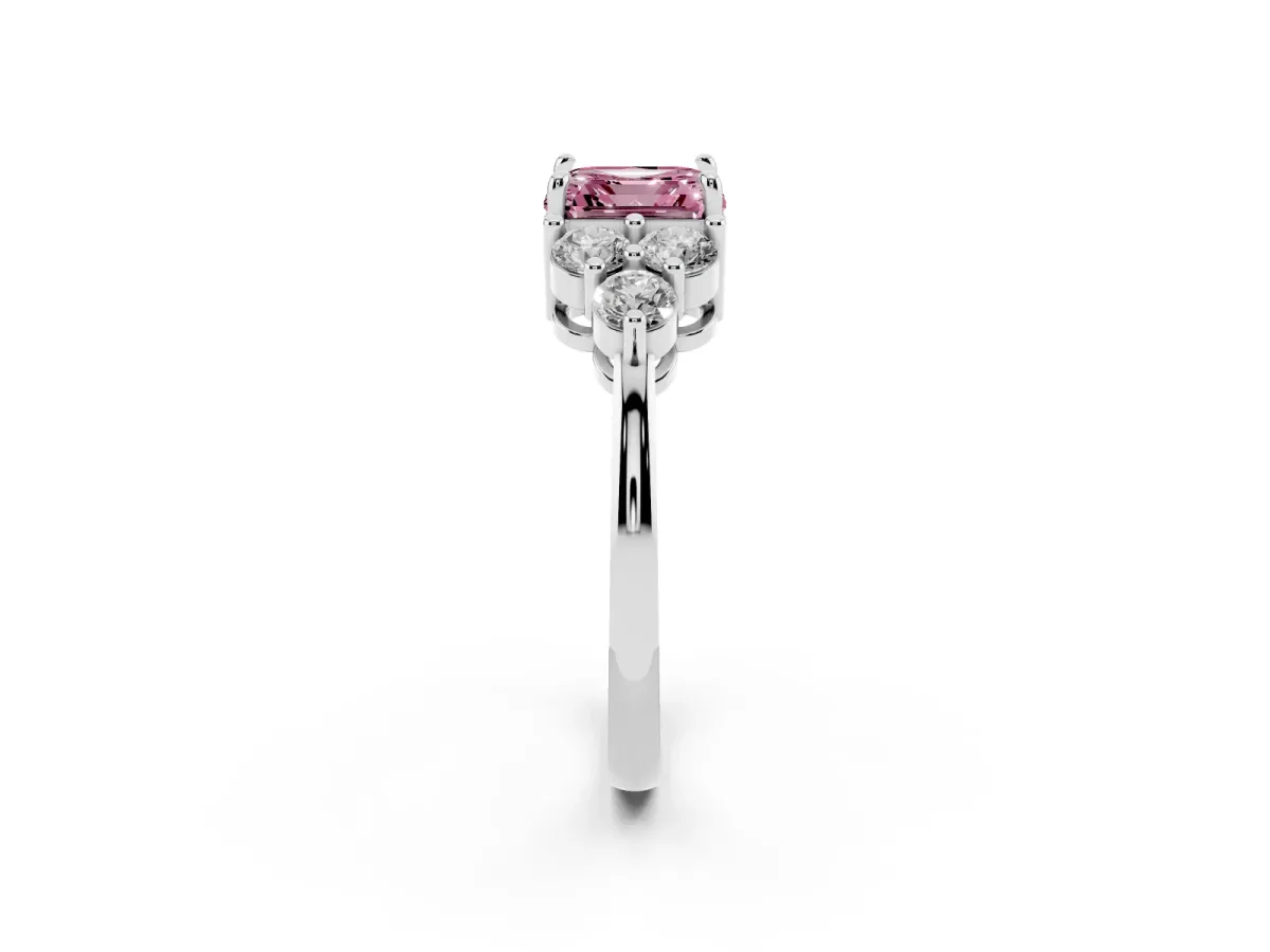Fancy Pink Asscher Cut Brilliant Diamond Cluster Accent Solitaire Ring with Prong Setting Silver