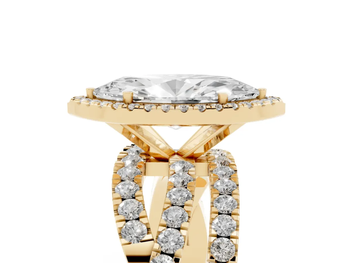Marquise Cut Diamond Halo Ring with Round Split Shank and Prong Setting Yellow gold