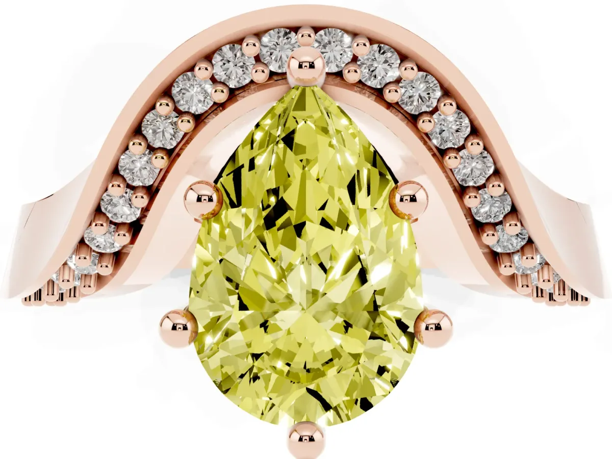 Fancy Yellow Pear Cut Solitaire Diamond Engagement Ring with Pave Band and Four-Prong Setting Rose gold