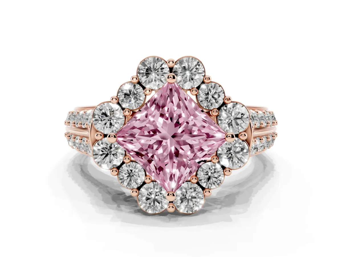 Fancy Pink Princess Cut Halo Diamond Engagement Ring with Split Shank and Prong Setting Rose gold