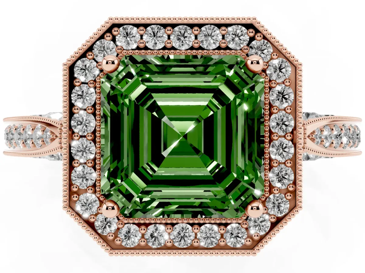 Fancy Green Asscher Cut Halo Diamond Engagement Ring with Split Shank Band and Four-Prong Setting Rose gold