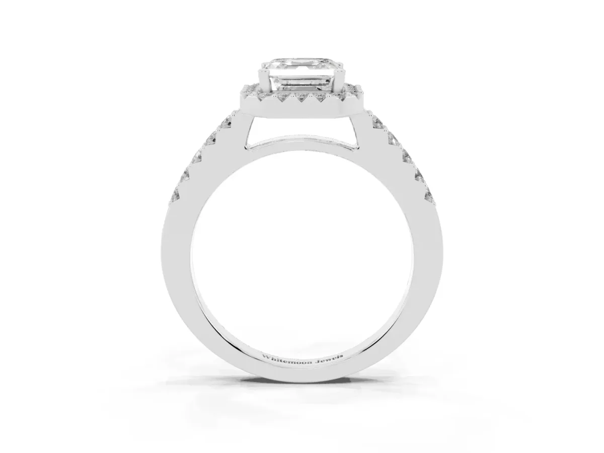 Asscher Cut Halo Diamond Pavé Solitaire Ring Platinum