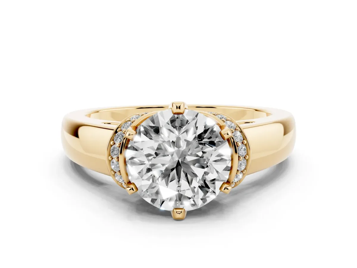 Round Cut Solitaire Diamond Ring with Pave Band and Six-Prong Setting Yellow gold