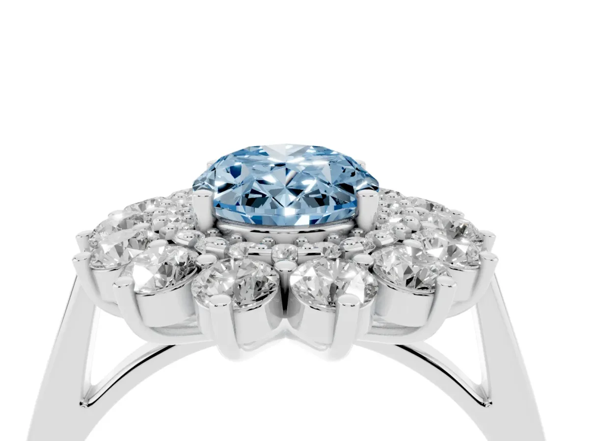 Fancy Blue Oval Cut Diamond Floral Double Halo Engagement Ring with Prong Setting Silver