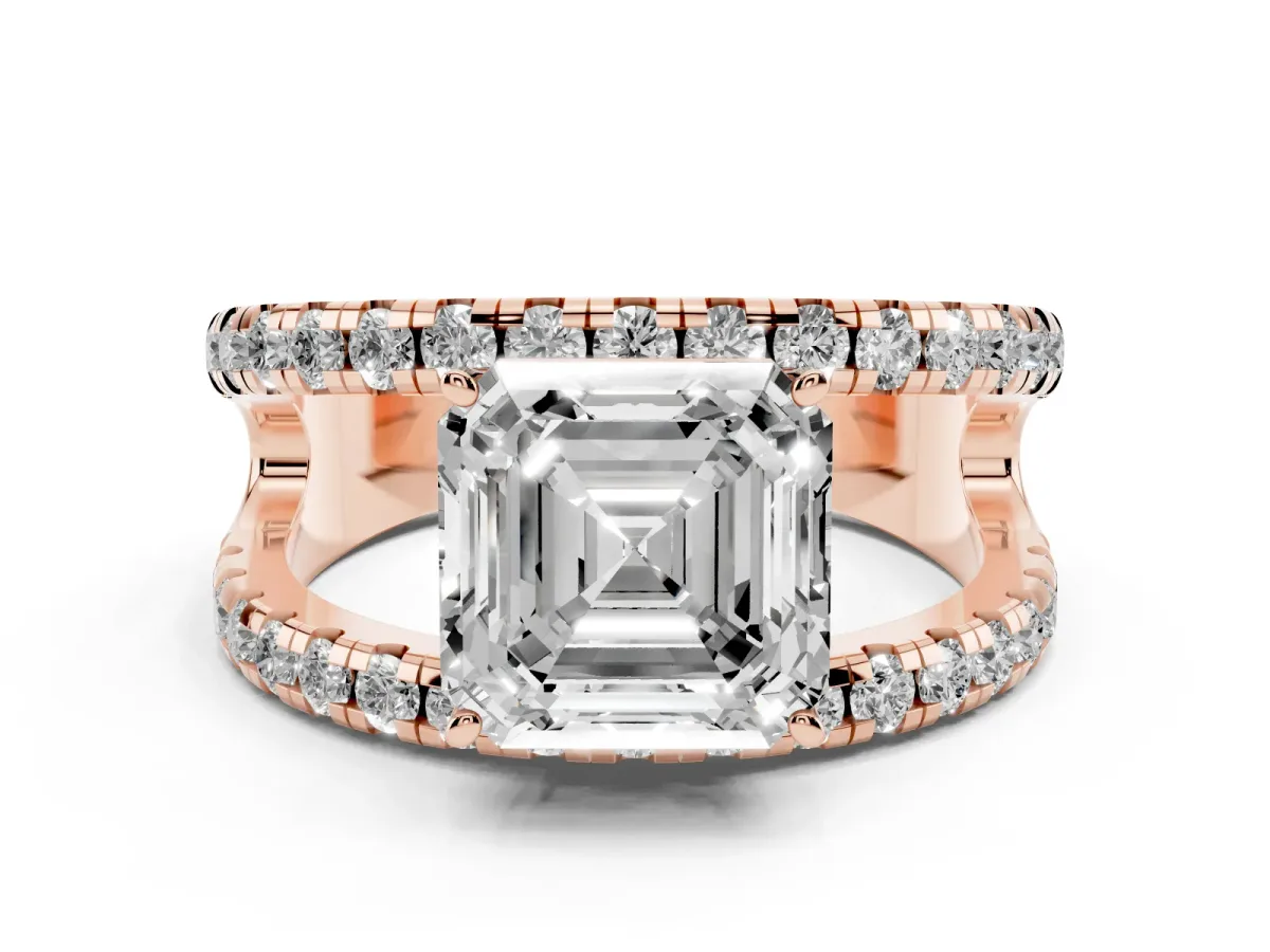Asscher Cut Solitaire Split Shank Pave Diamond Ring Rose gold