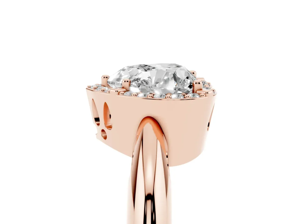 Heart Cut Cut Diamond Halo Engagement Ring with Split Shank and Four-Prong Setting Rose gold