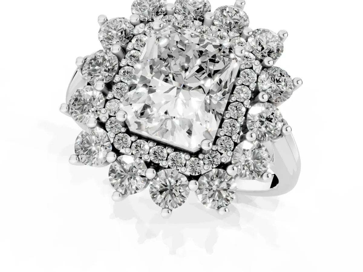 Radiant Cut Diamond Floral Double Halo Engagement Ring with Prong Setting White gold