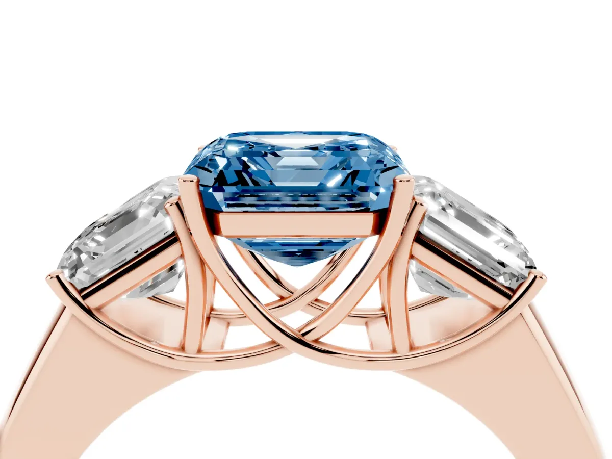 Fancy Blue Three-Stone Asscher Cut Cut Diamond Ring with Prong Setting and Classic Band Rose gold