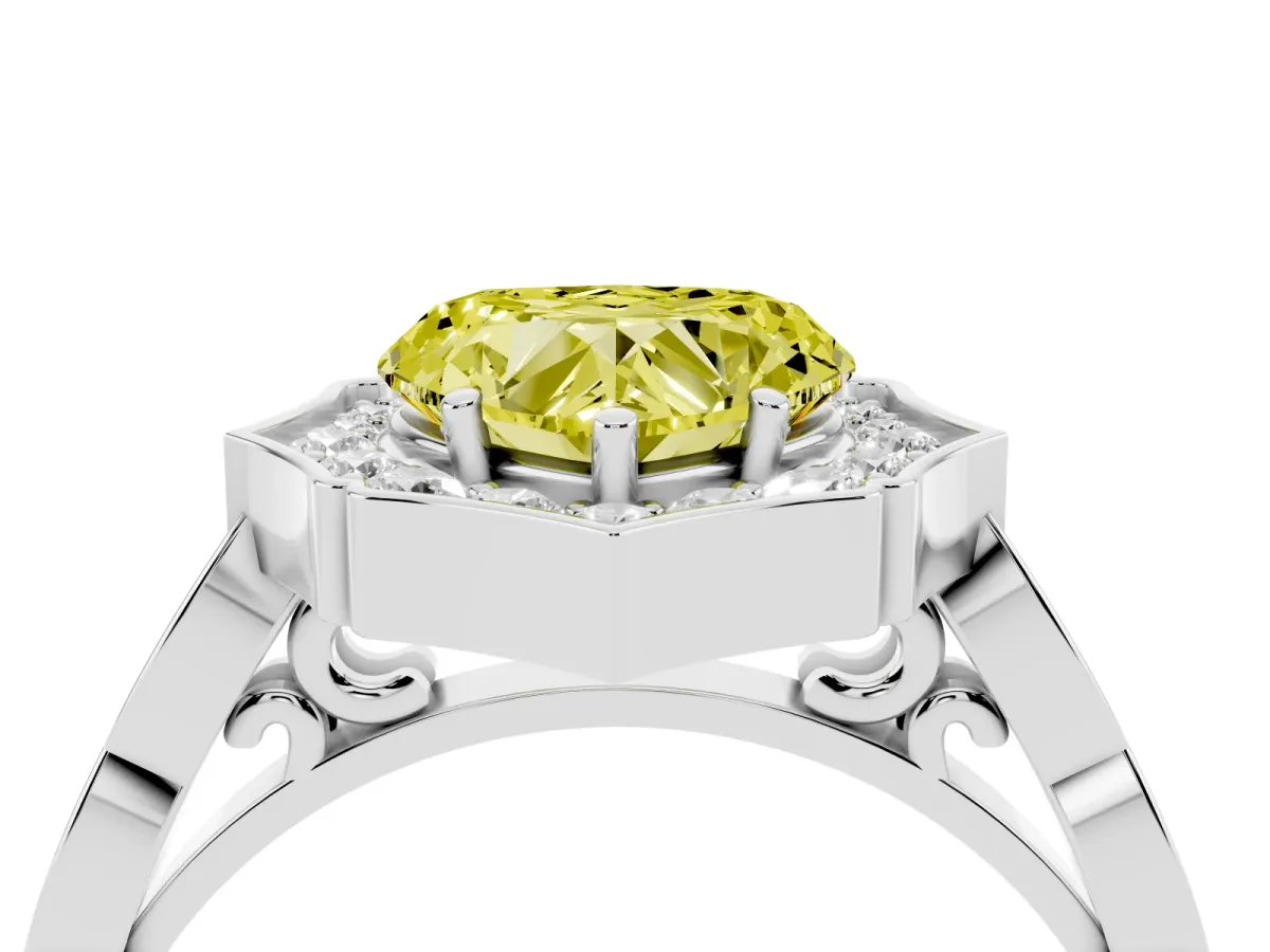 Fancy Yellow Heart Cut Halo Diamond Engagement Ring with Milgrain Band and Four-Prong Setting Platinum