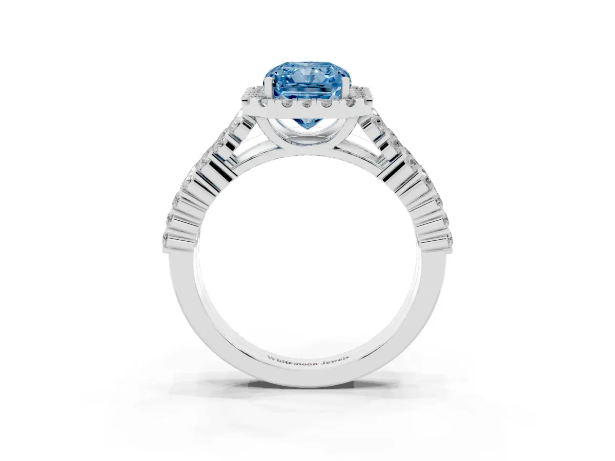 Fancy Blue Radiant Cut Diamond Halo Engagement Ring with Triple Row Round Pavé Band and Prong Setting White gold