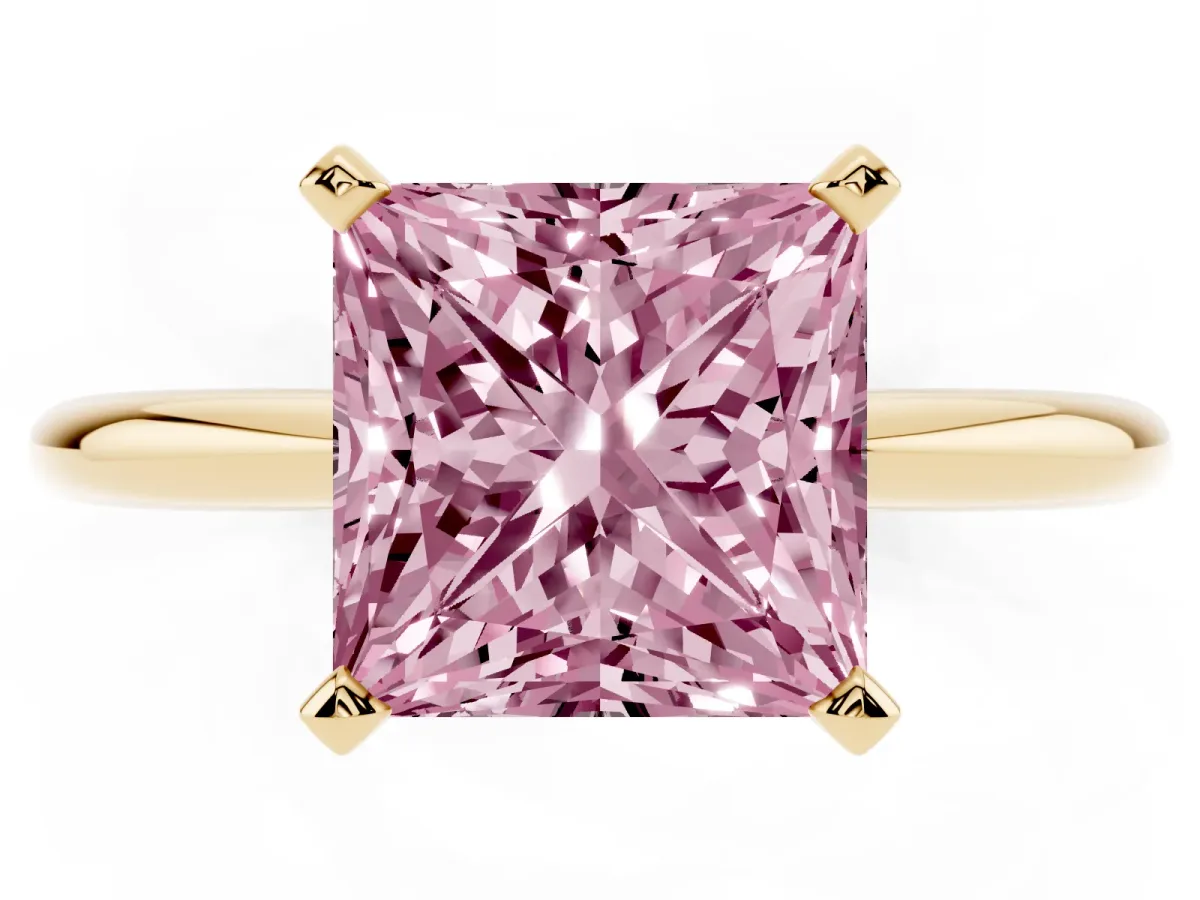 Fancy Pink Princess Cut Diamond Solitaire Ring with Prong Setting and Classic Band Yellow gold