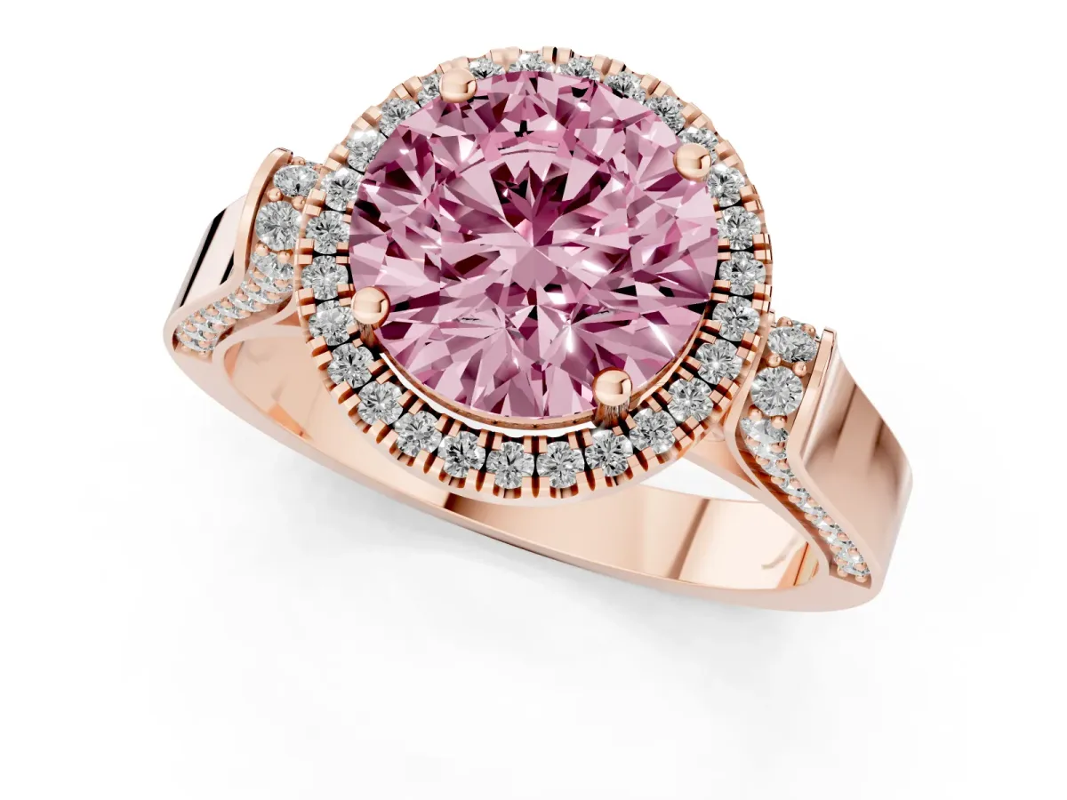 Fancy Pink Round Cut Halo Pave Split Shank Prong Setting Ring Rose gold
