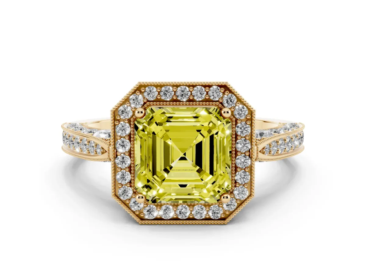 Fancy Yellow Asscher Cut Halo Diamond Engagement Ring with Split Shank Band and Four-Prong Setting Yellow gold