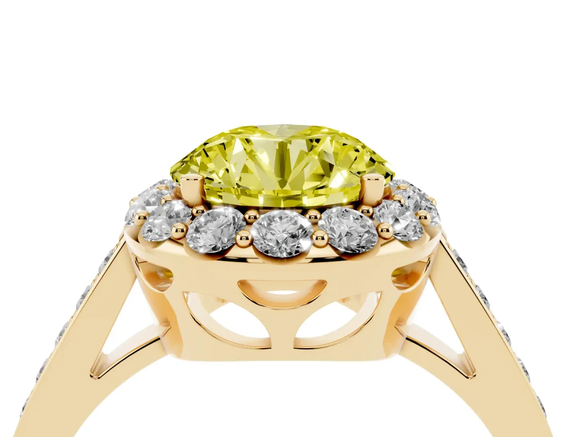 Fancy Yellow Round Cut Diamond Floral Halo Ring with Pavé Band and Prong Setting Yellow gold