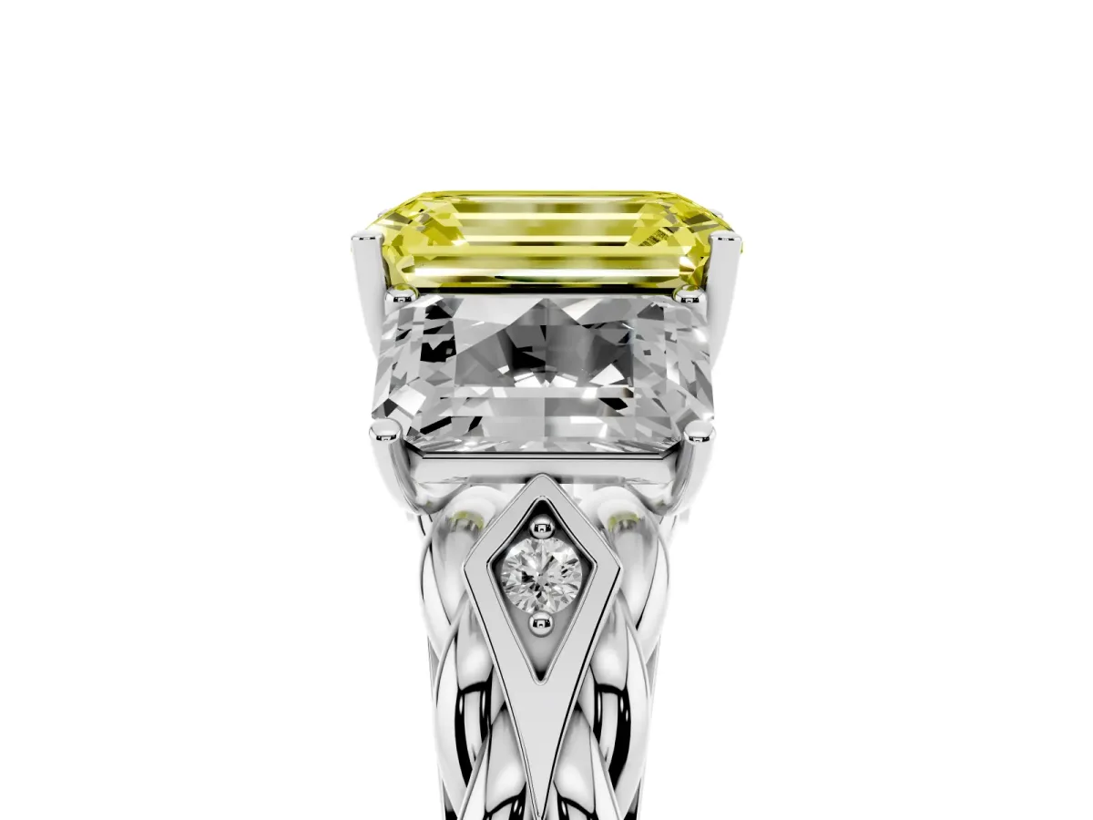 Fancy Yellow Three-Stone Radiant Cut Diamond Braided Band Ring with Four-Prong Setting Silver