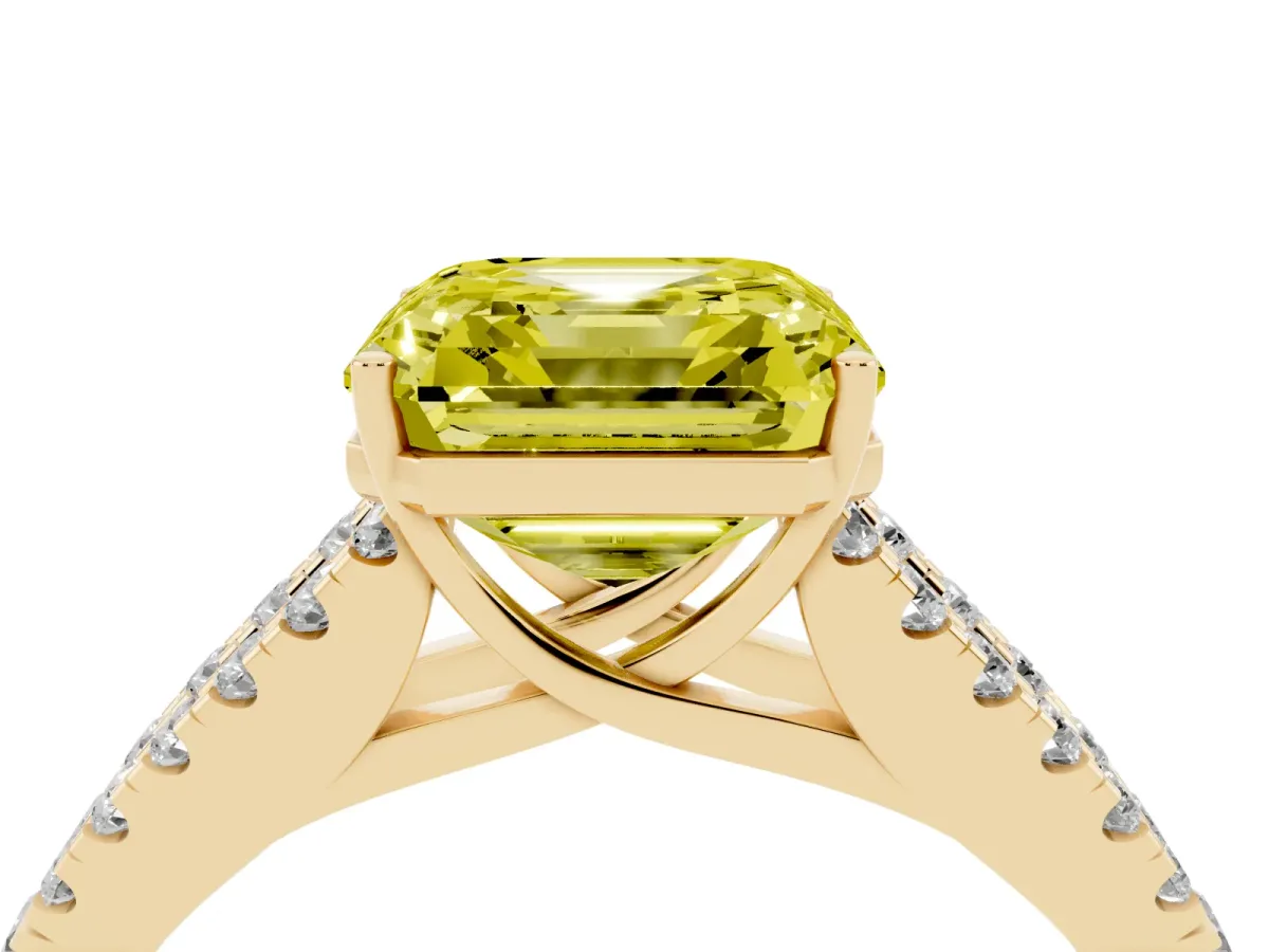 Fancy Yellow Asscher Cut Diamond Split Shank Pavé Engagement Ring with Four-Prong Setting Yellow gold