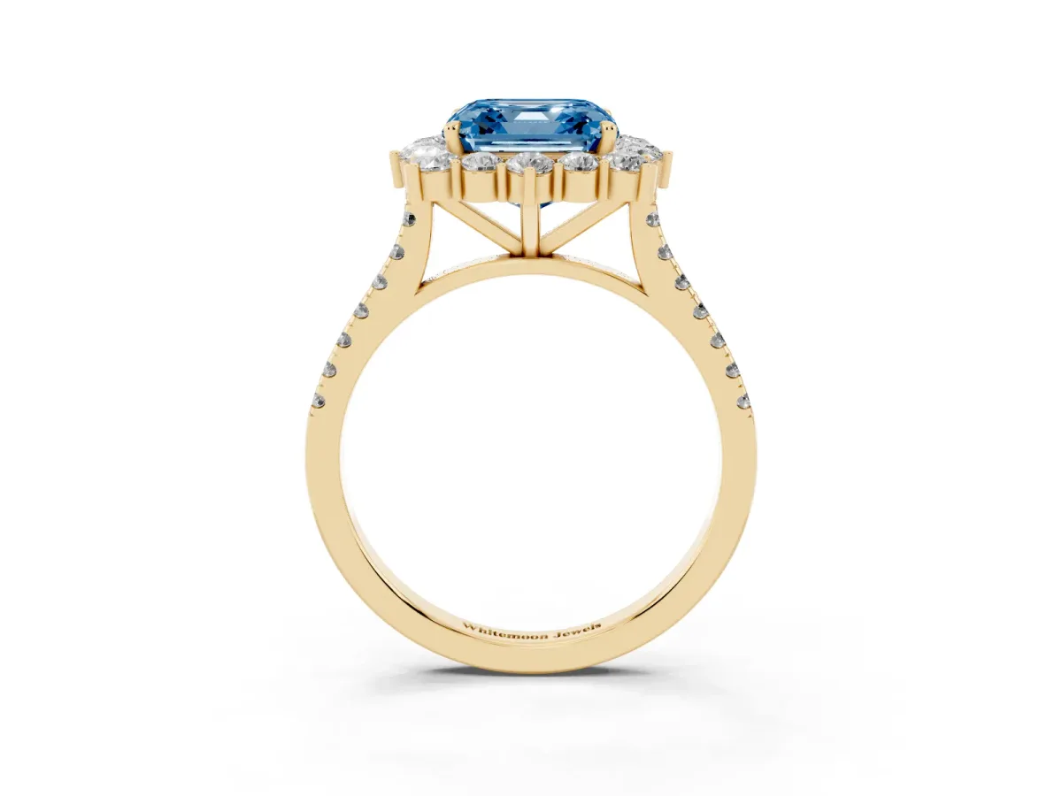 Fancy Blue Asscher Cut Halo Diamond Ring with Pavé Band and Prong Setting Yellow gold