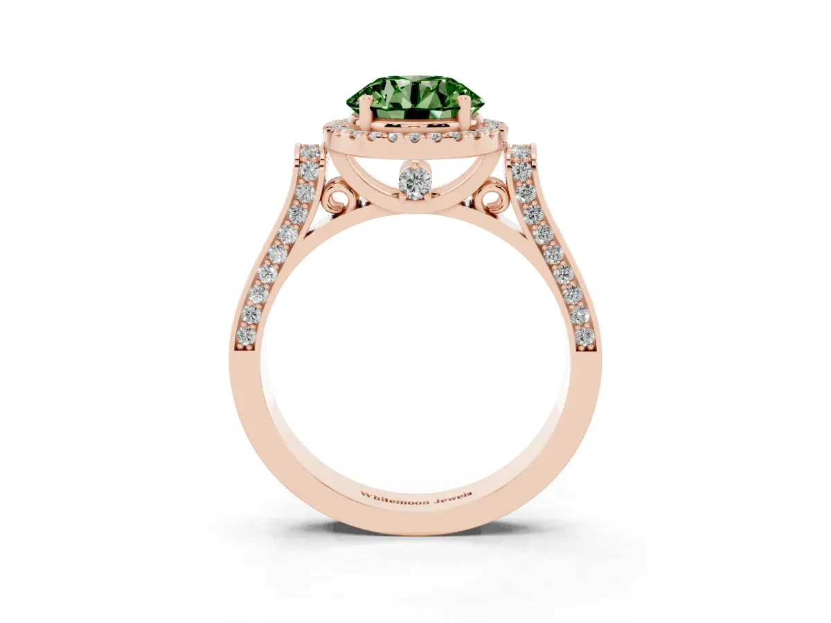 Fancy Green Round Cut Halo Round Diamond Twist Band with Four-Prong Setting Rose gold