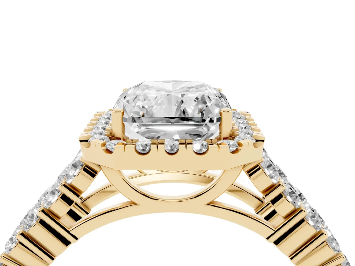 Radiant Cut Diamond Halo Engagement Ring with Triple Row Round Pavé Band and Prong Setting Yellow gold