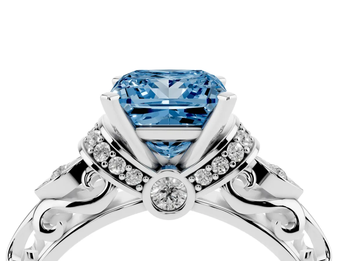Fancy Blue Princess Cut Diamond Solitaire Ring with Filigree Band and Four-Prong Setting Platinum