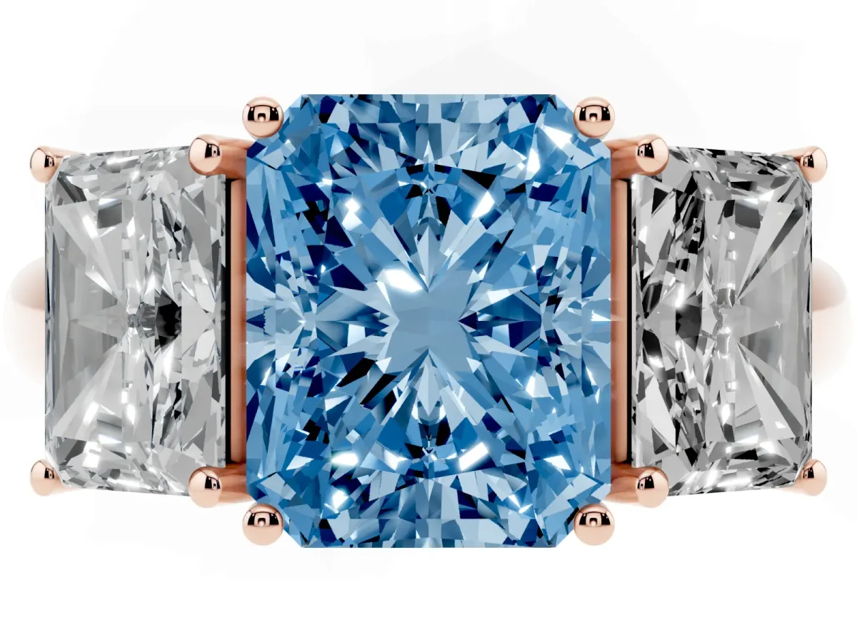 Fancy Blue Three-Stone Radiant Cut Diamond Engagement Ring with Prong Setting Rose gold