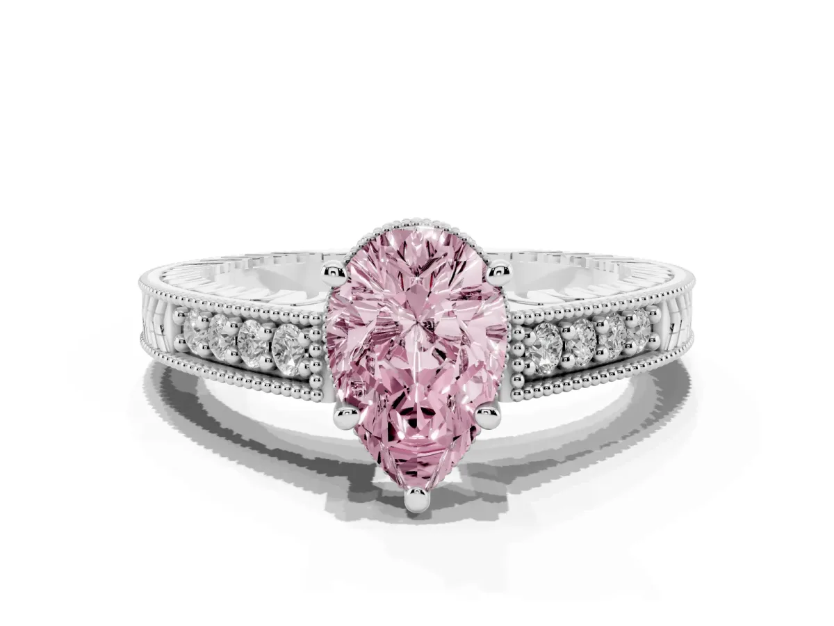 Fancy Pink Pear Cut Solitaire Pavé Diamond Milgrain Engagement Ring with Four-Prong Setting Silver
