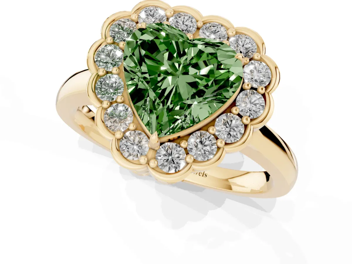 Fancy Green Heart Cut Halo Cluster Diamond Engagement Ring with Solitaire Band and Prong Setting Yellow gold