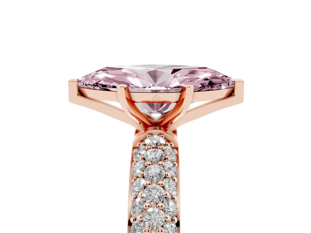 Fancy Pink Marquise Cut Diamond Solitaire Ring with Prong Setting and Pavé Band Rose gold