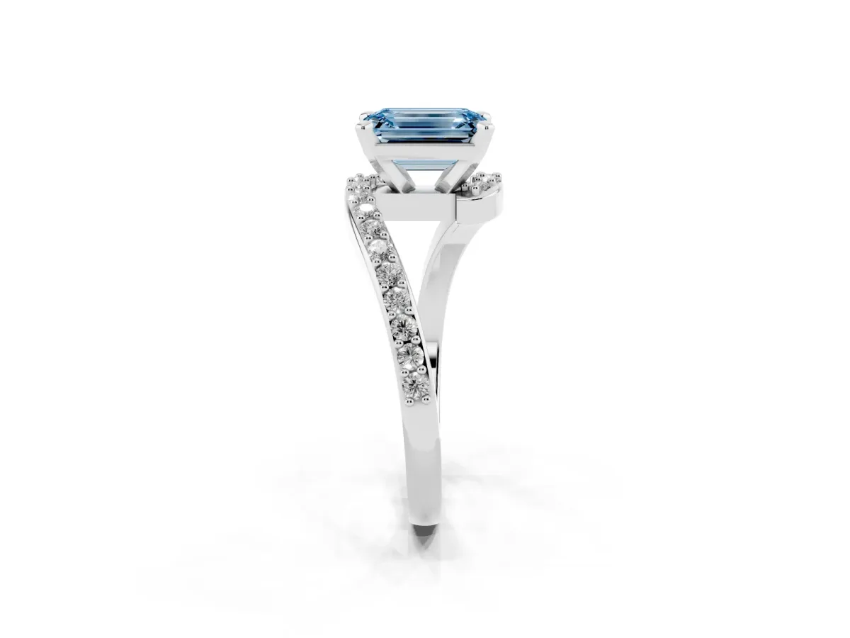 Fancy Blue Emerald Cut Solitaire Twist Band with Pave Set Diamonds and Four-Prong Setting Platinum