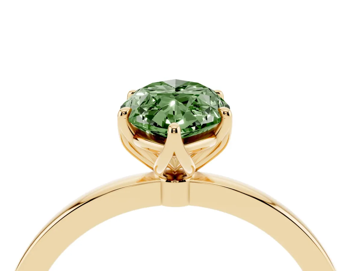 Fancy Green Marquise Cut Diamond Solitaire Ring with Thin Band and Prong Setting Yellow gold