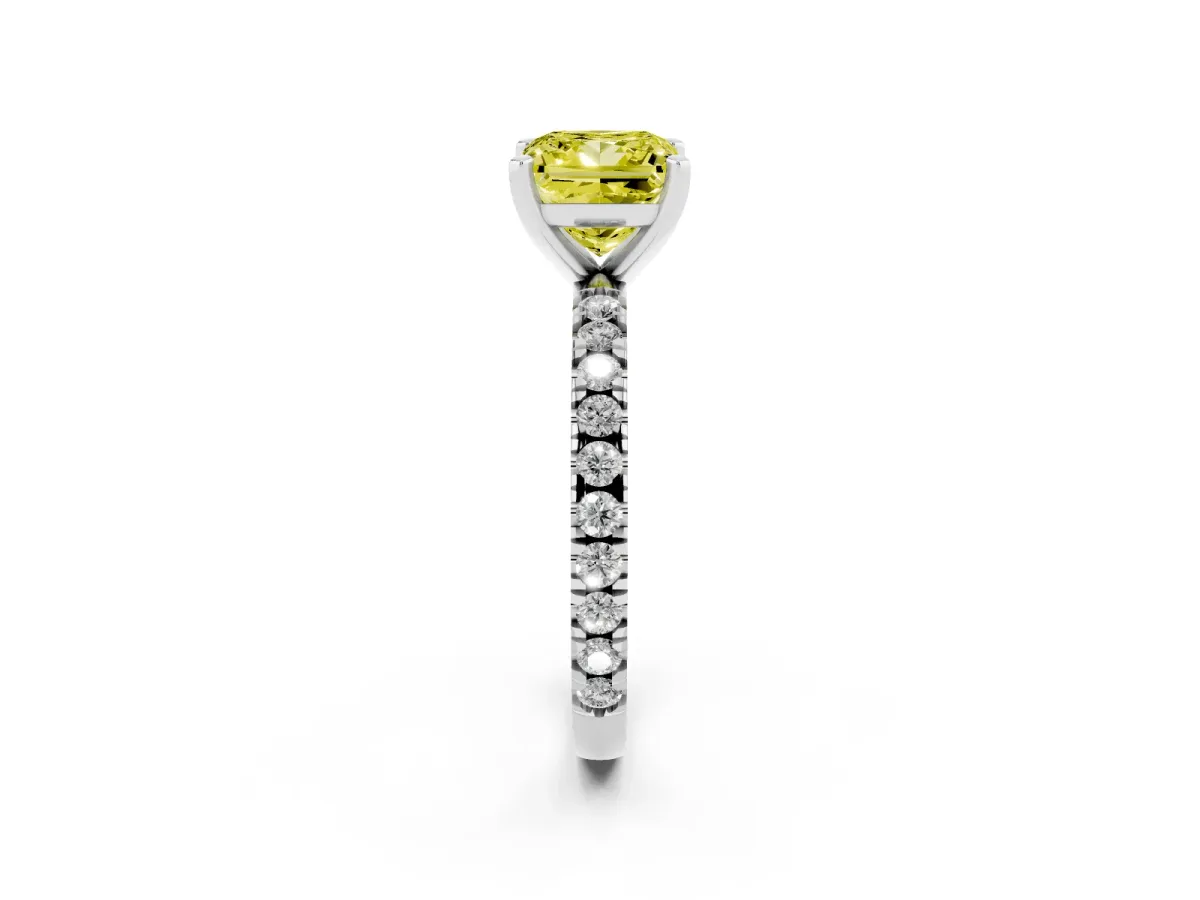 Fancy Yellow Princess Cut Diamond Pavé Band Solitaire with Four-Prong Setting Silver