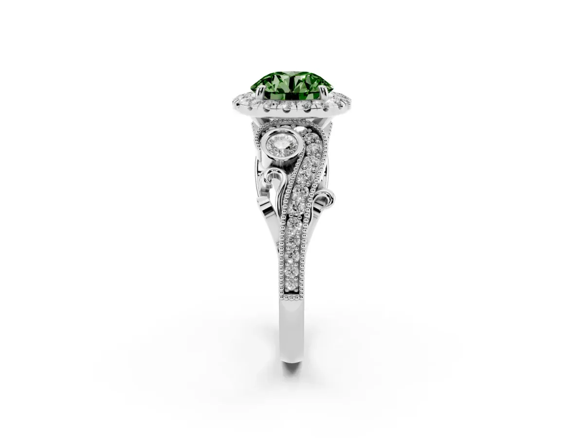 Fancy Green Round Cut Diamond Halo Ring with Milgrain Pavé Band and Four-Prong Setting White gold