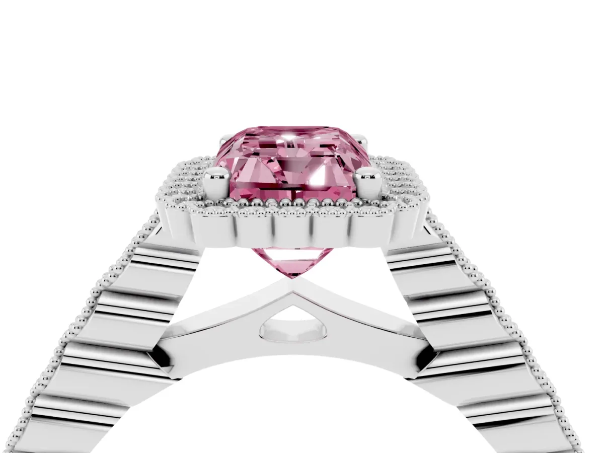 Fancy Pink Radiant Cut Cut Halo Pavé Solitaire Ring with Milgrain Band White gold