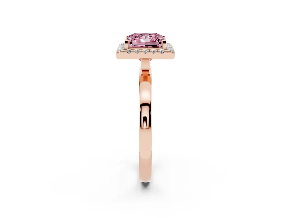 Fancy Pink Princess Cut Halo Diamond Solitaire with Pavé Band and Four-Prong Setting Rose gold