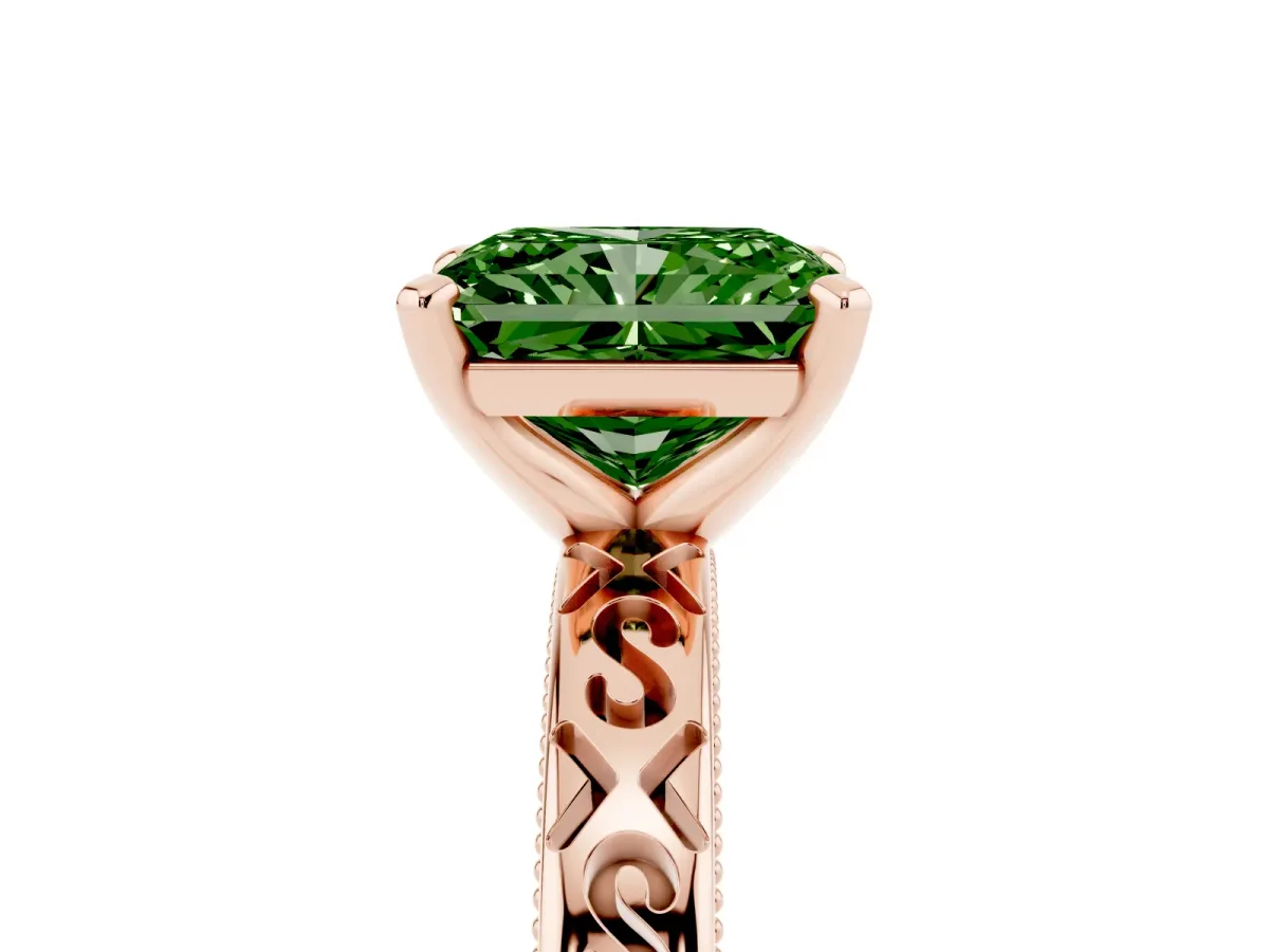 Fancy Green Radiant Cut Solitaire Engagement Ring with Scrollwork Band and Four-Prong Setting Rose gold