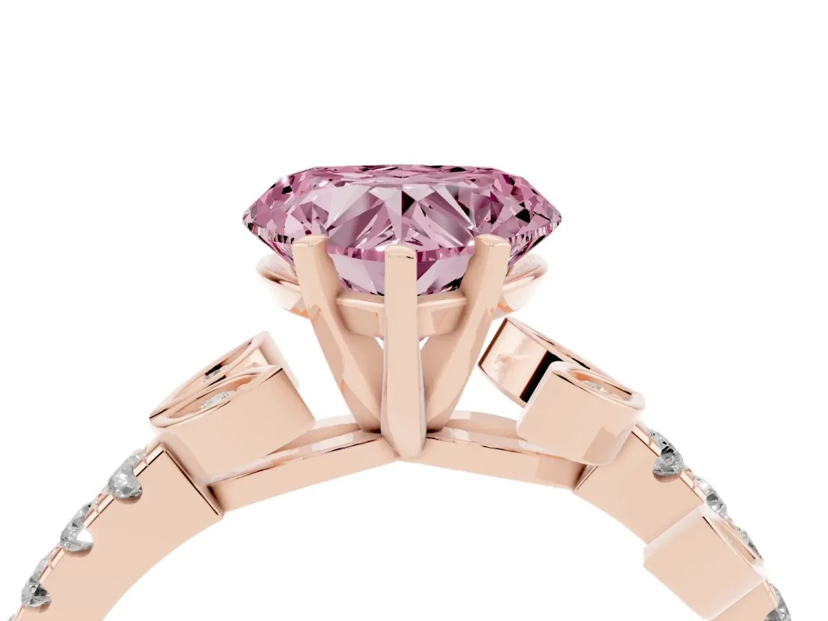 Fancy Pink Heart Cut Solitaire Leaf-Inspired Diamond Ring with Pavé Band and Four-Prong Setting Rose gold