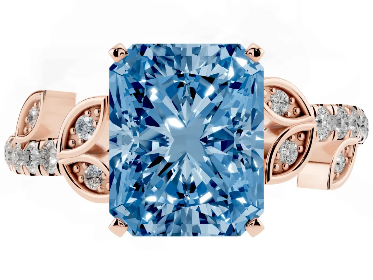 Fancy Blue Radiant Cut Solitaire Leaf-Inspired Diamond Ring with Pavé Band and Four-Prong Setting Rose gold