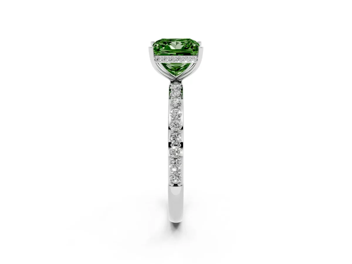Fancy Green Princess Cut Diamond Solitaire Ring with Pavé Band and Hidden Halo Platinum